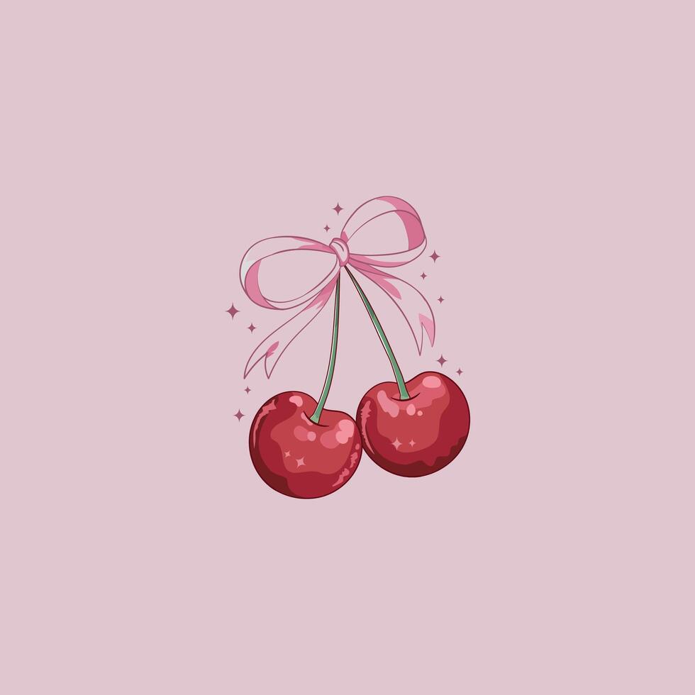 linda coqueta estilo ilustración de cerezas con arco vector