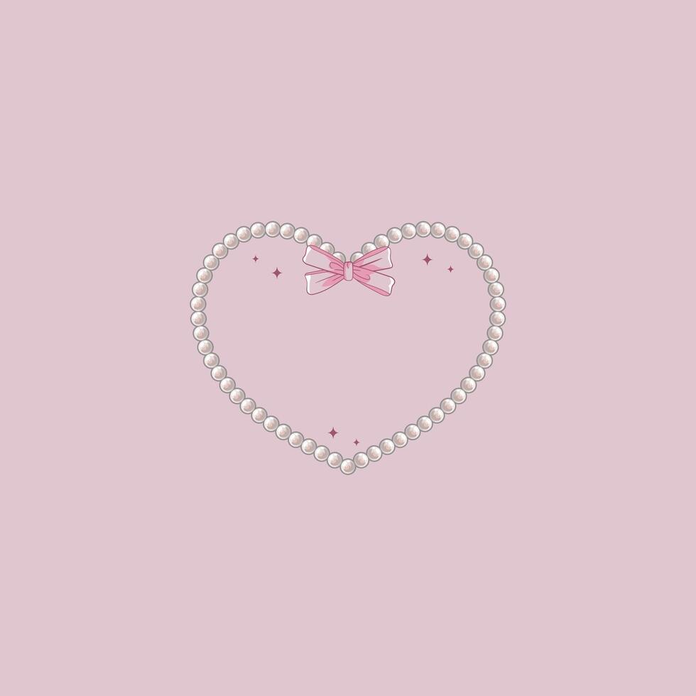 cute illustration of heart with pearls and bow in coquette style vector