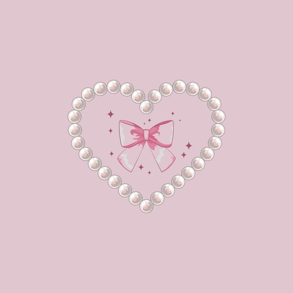 cute illustration of heart with pearls and bow in coquette style vector