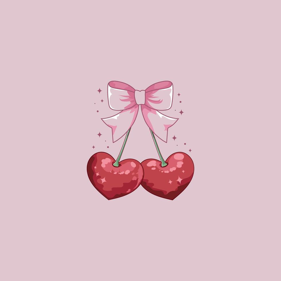 cute coquette style illustration of cherries in heart shape with bow vector