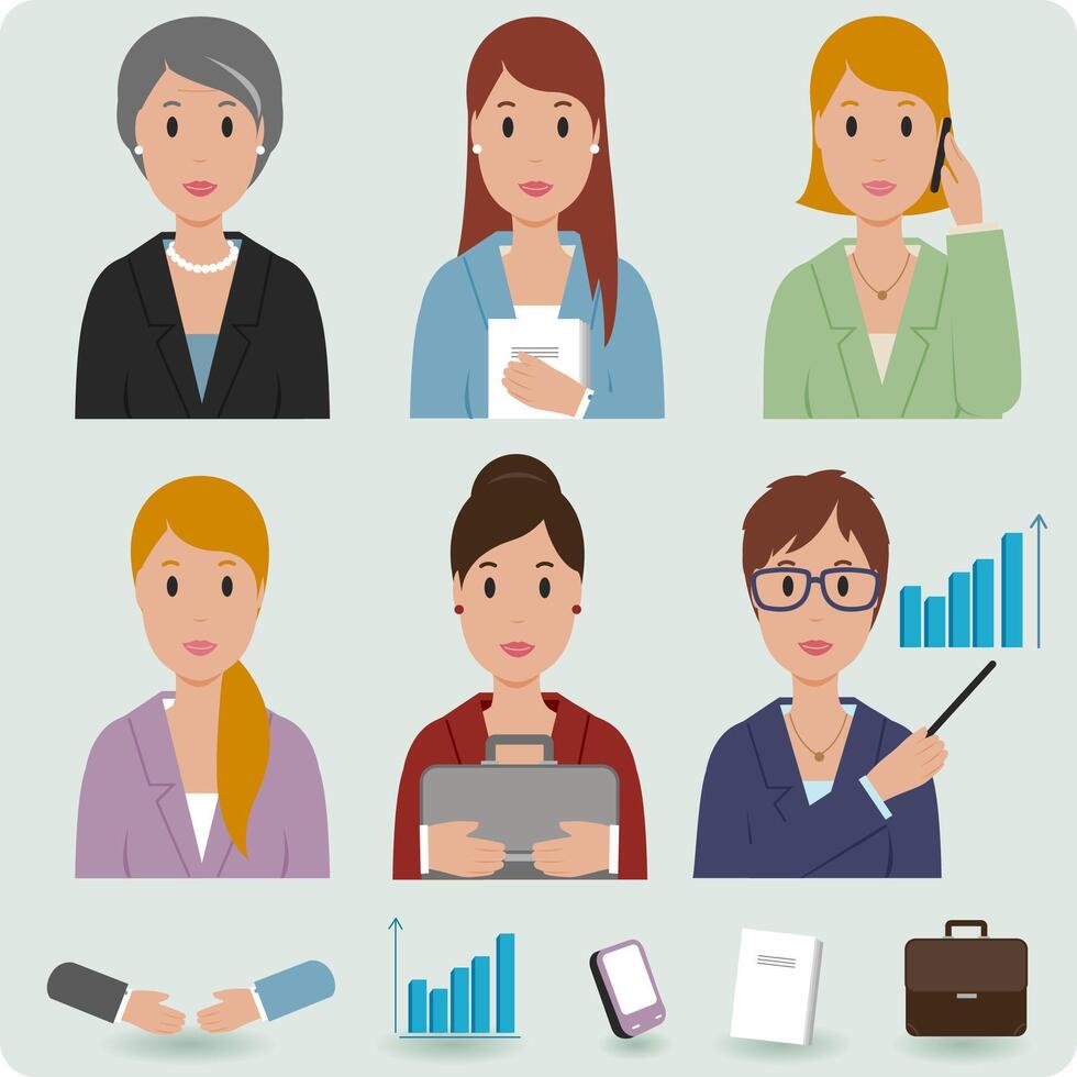 un conjunto de negocio personas caracteres. conjunto de negocio mujer a trabajo y oficina iconos vector ilustración