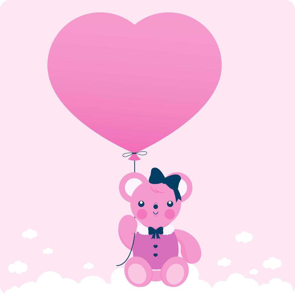 rosado osito de peluche oso y globo. bebé osito de peluche oso con rosado vestir participación un corazón conformado globo en el cielo. vector ilustración