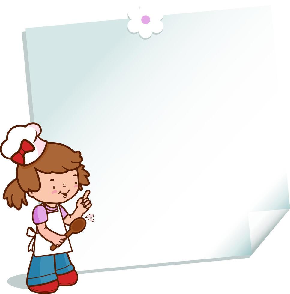 blanco bandera con un niño cocinero. un pequeño niña cocinar con un cocinero uniforme y un blanco papel enviar eso nota. Cocinando receta para niños. niños menú antecedentes. vector ilustración