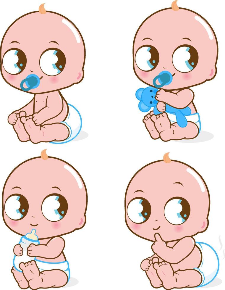 Cute baby boy and girl. Babies drinking milk, playing, sitting and having a dirty diaper. Vector Illustration