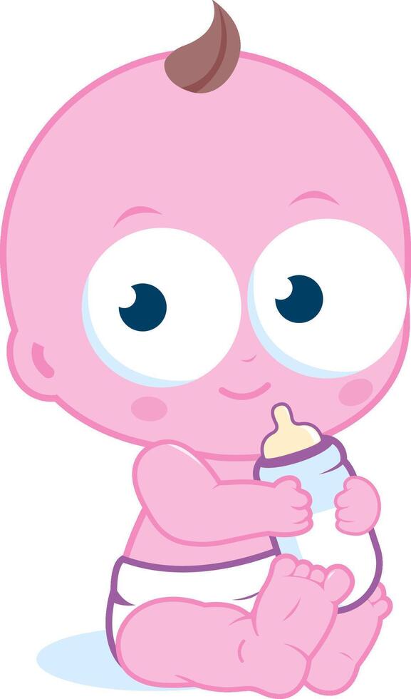 Baby with milk bottle. Cute baby or toddler drinking his milk in a bottle. Vector Illustration