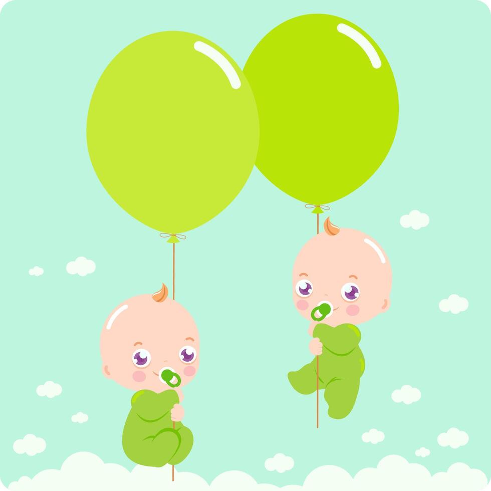 Cute newborn baby twins in the sky holding green balloons. Baby shower party with balloons in the sky. Vector Illustration
