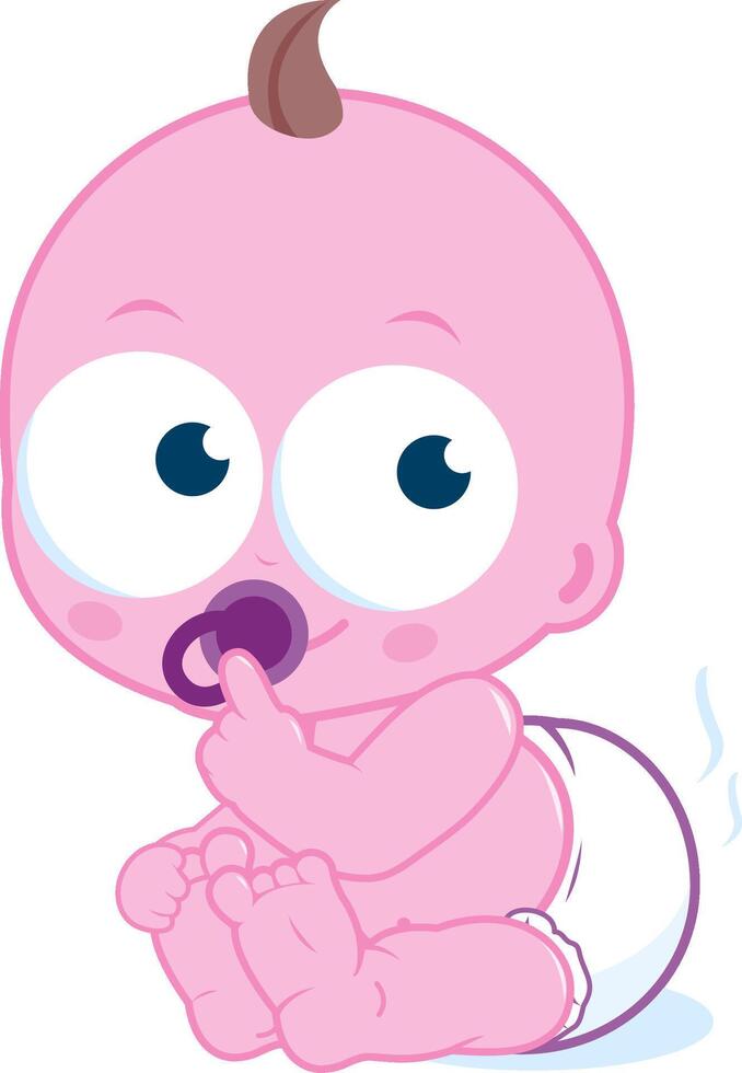 Baby in dirty diaper. Cute baby or toddler with pacifier needs a diaper change. Vector Illustration