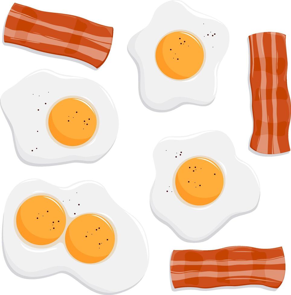 Fried eggs and slices of crisp bacon. Bacon and eggs for breakfast. Vector illustration