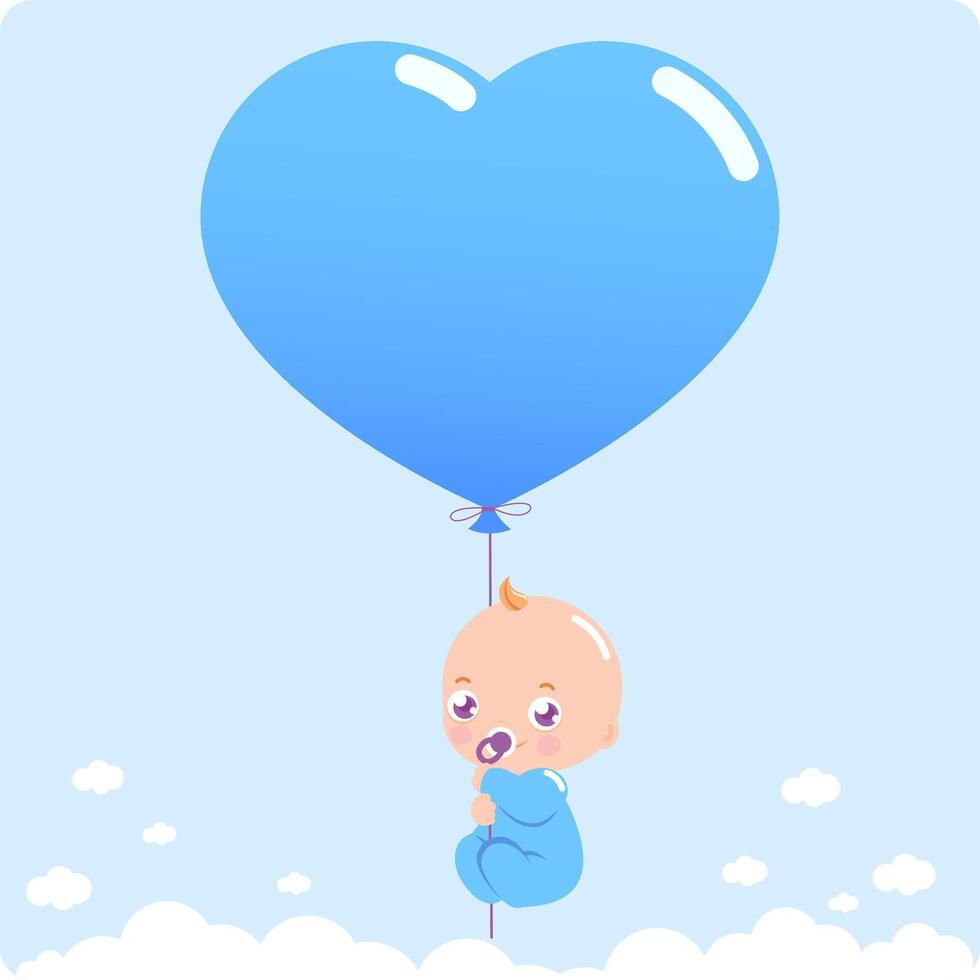 Baby boy holding a blue balloon. Baby shower party with newborn and balloon in the sky. Vector Illustration