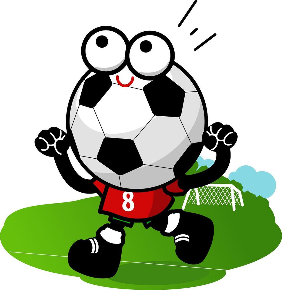 Cartoon soccer ball character. Football cartoon running on the soccer field. Vector illustration