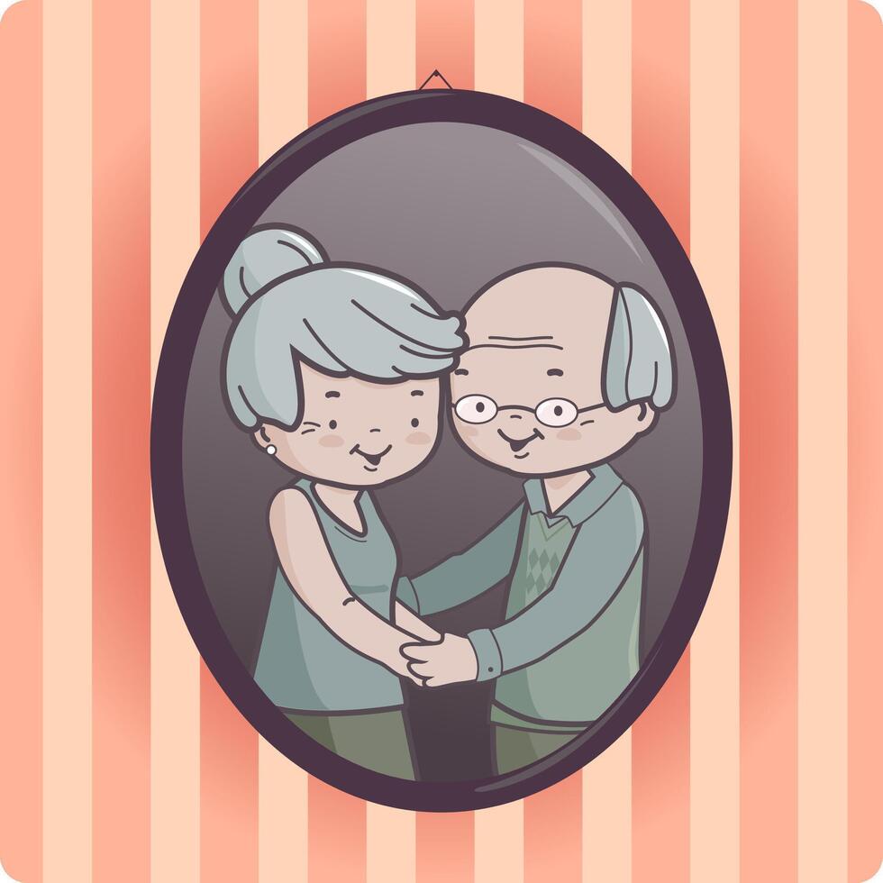 Grandparents portrait. Grandma and grandpa couple in a framed picture hanging on the wall. Vector illustration