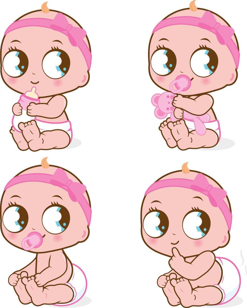 Cute baby girls. Babies drinking milk, playing, sitting and having a dirty diaper. Vector Illustration