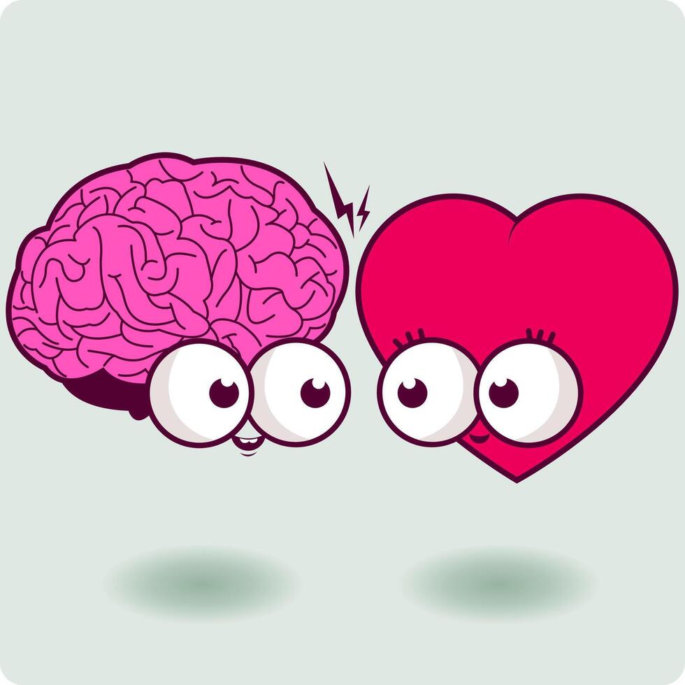 Cartoon heart and mind. Thinking brain and a heart character. Vector Illustration