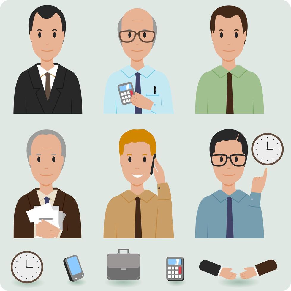 Business men collection. Business people at work in the office. Vector illustration set