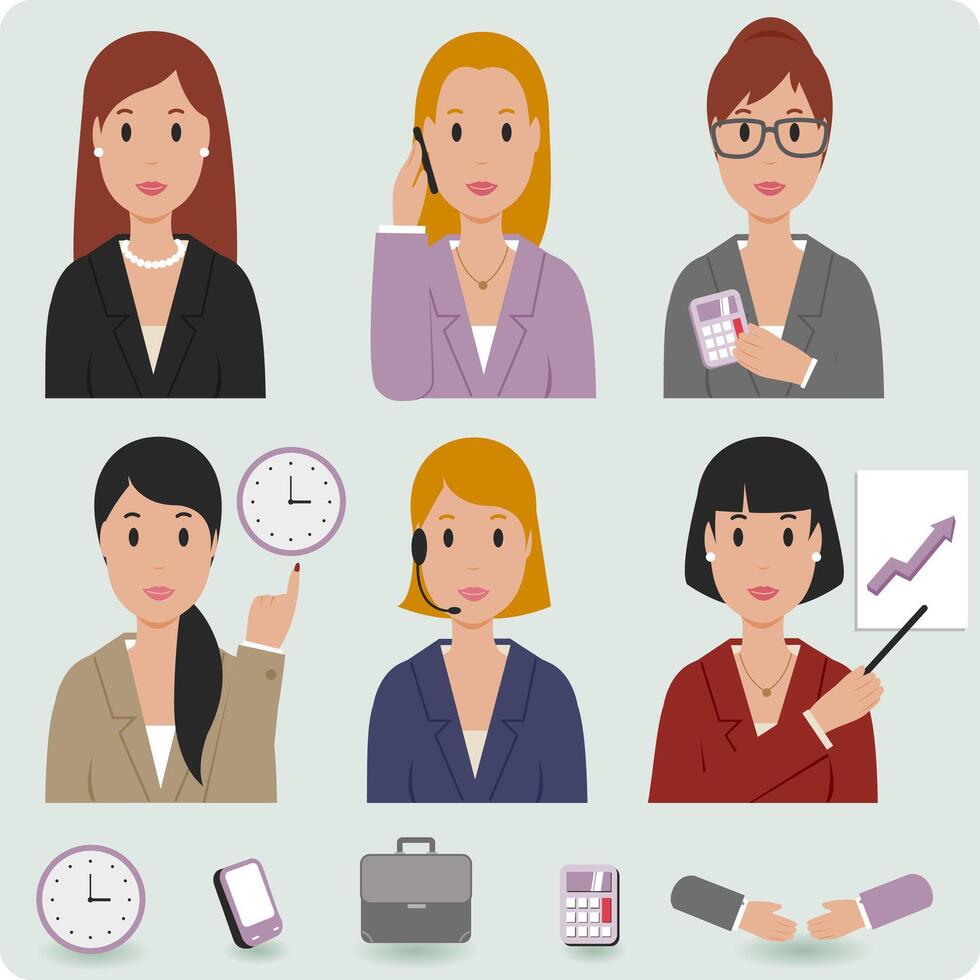 Business women. Set of business people at work and office icons. Vector illustration collection