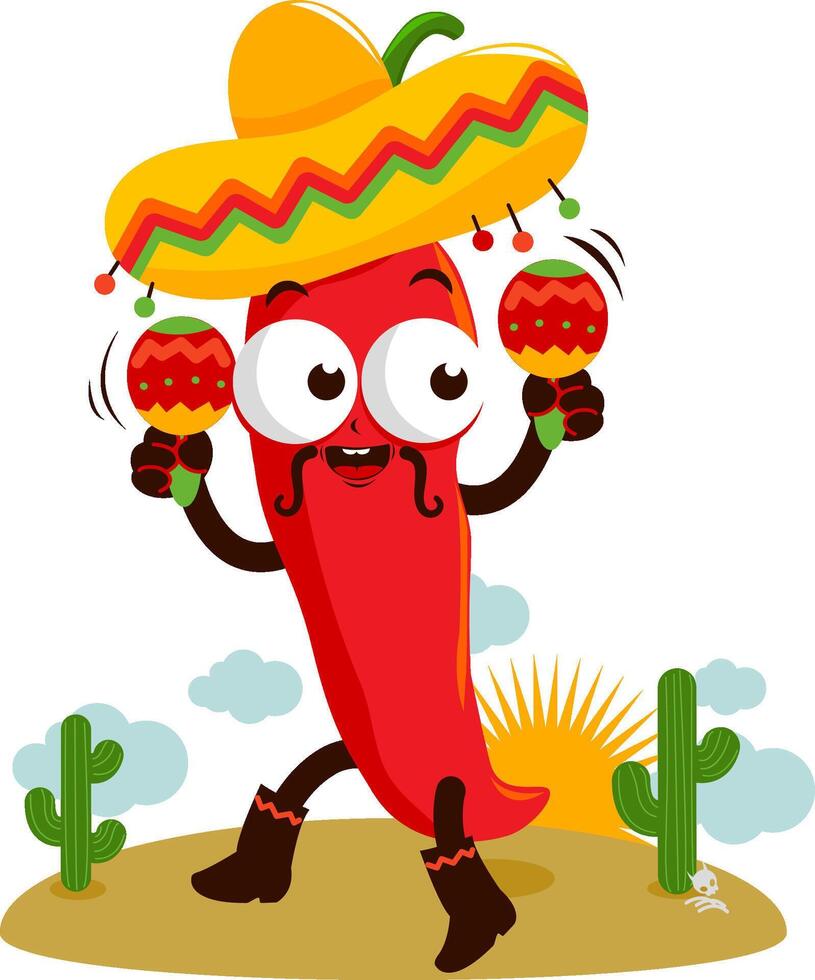 Cartoon mariachi chili pepper playing music with maracas and dancing in the Mexican desert. Cartoon jalapeno pepper. Vector Illustration