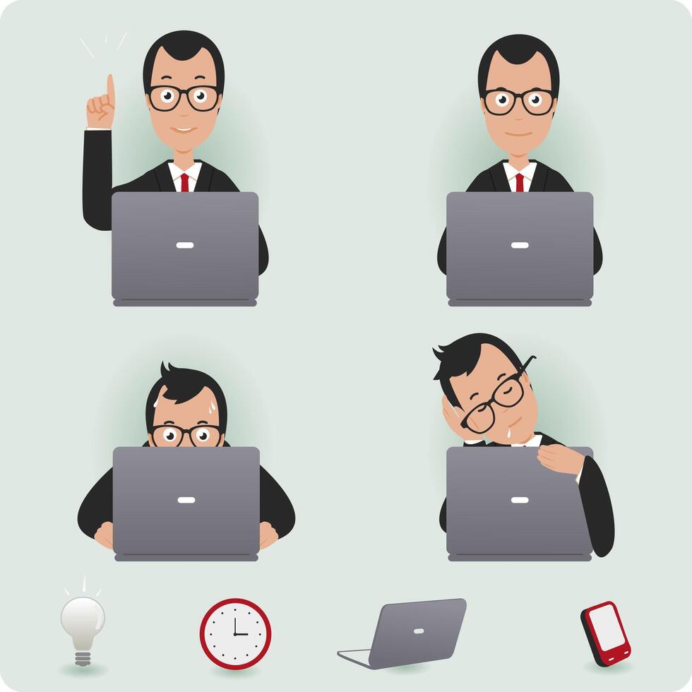 Man dressed in suit on his desk doing office work. A businessman at work sitting on his desk and working on his laptop. Vector illustration