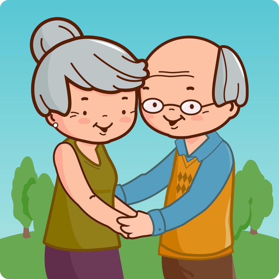 Happy grandparents. A senior couple at the park. An old man and an old woman holding hands. Vector illustration