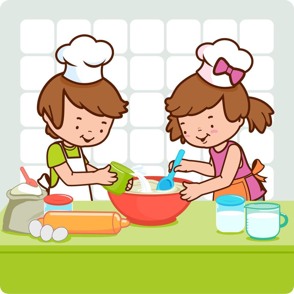 niños Cocinando en el cocina. pequeño cocineros horneando a hogar. Cocinando clase para niños. vector ilustración