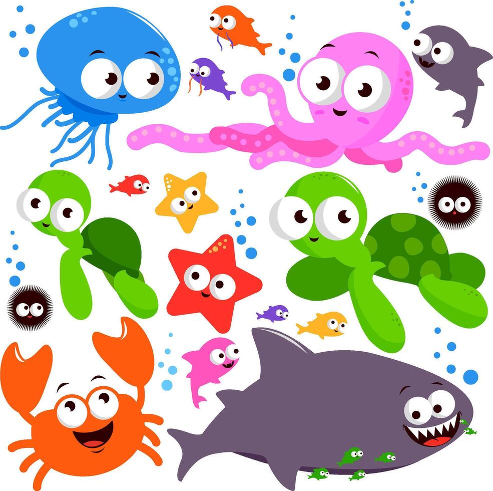 Sea animals swimming in the sea. Octopus, fish, jellyfish and shark underwater. Vector Illustration