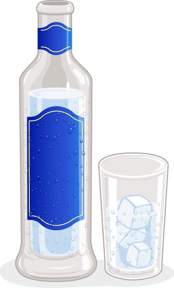 A bottle of ouzo or raki drink and a glass filled with ice cubes and ouzo isolated in white background. Ouzo, summer Greek drink. Vector Illustration