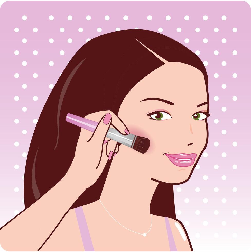 Pretty woman putting on her make up. A beautiful young woman putting blush on her cheeks using a brush. Vector illustration