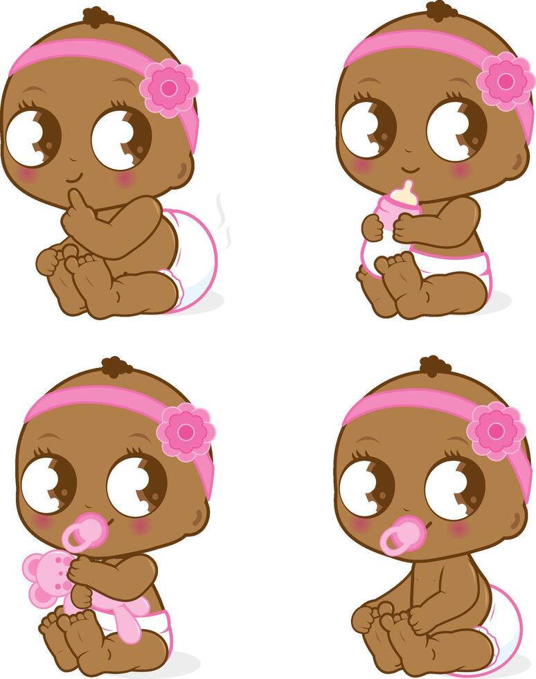 Cartoon baby girl characters. Cute black babies drinking milk, playing, sitting and having a dirty diaper. Vector illustration