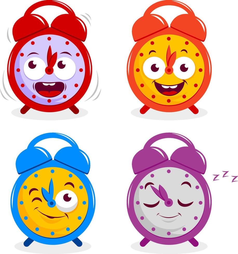 A set of four happy alarm clocks characters. A ringing, a smiling, a winking and a sleeping time alarm clock. Vector Illustration