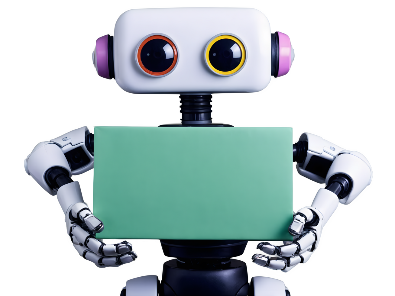 AI generated Cute robot holding blank empty paper box, ai artificial intelligence concept, copy space area, isolated on transparent background png