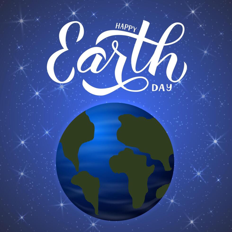 Happy Earth Day calligraphy hand lettering. Planet in space.  Easy to edit vector template for typography poster, banner, logo design, flyer, greeting card, brochure, etc.