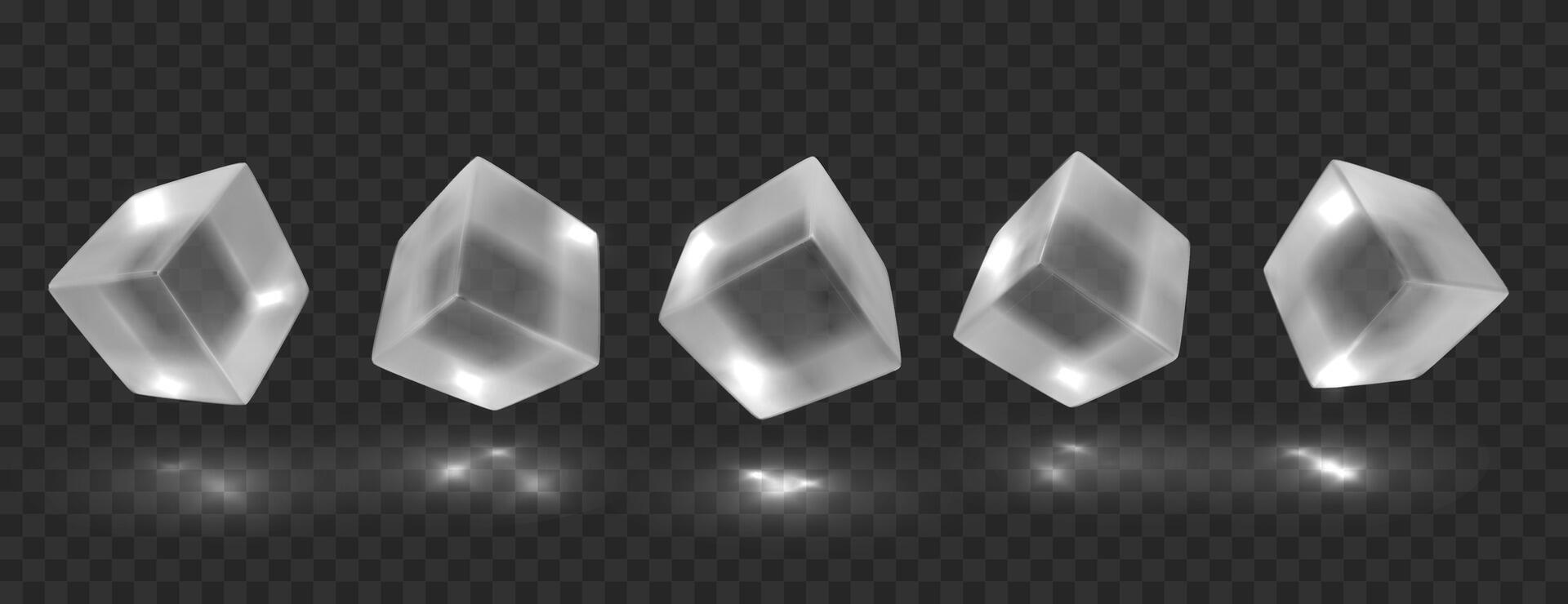 Transparent cubes in different angles with reflection. Isolated glossy geometric objects. Realistic 3d vector illustration