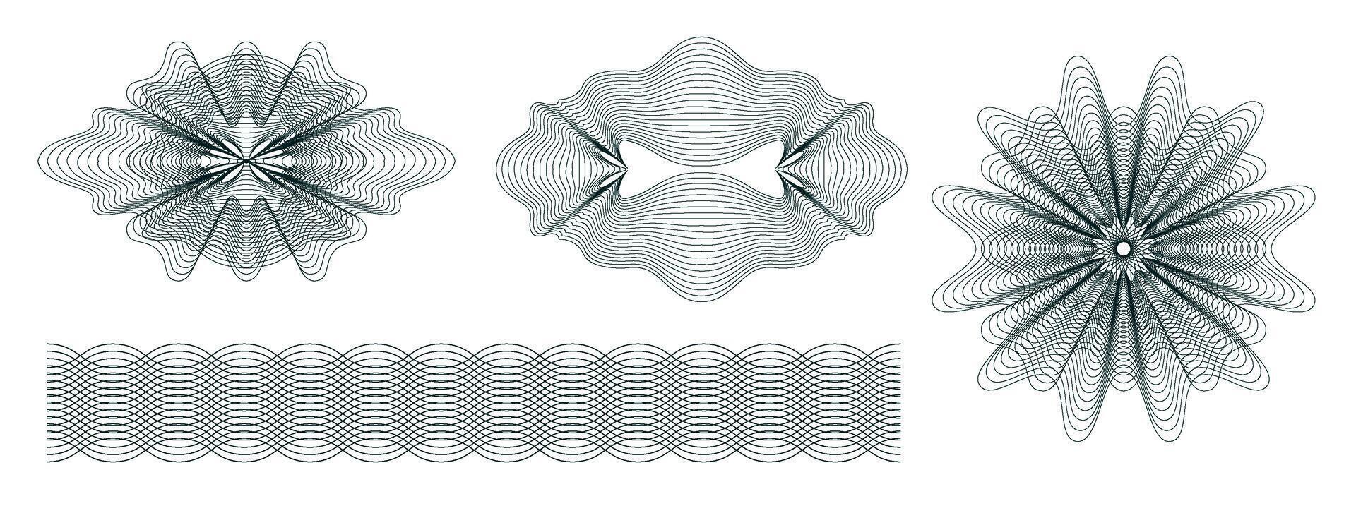 dinero filigrana. geométrico redondo, espiral y seguro guilloches. espirógrafo patrones y fronteras vector conjunto