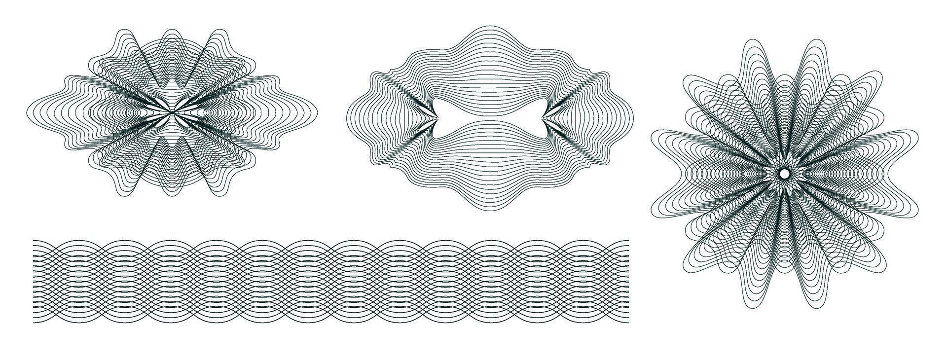 Money watermark. Geometric round, spiral and secure guilloches. Spirograph patterns and borders vector set