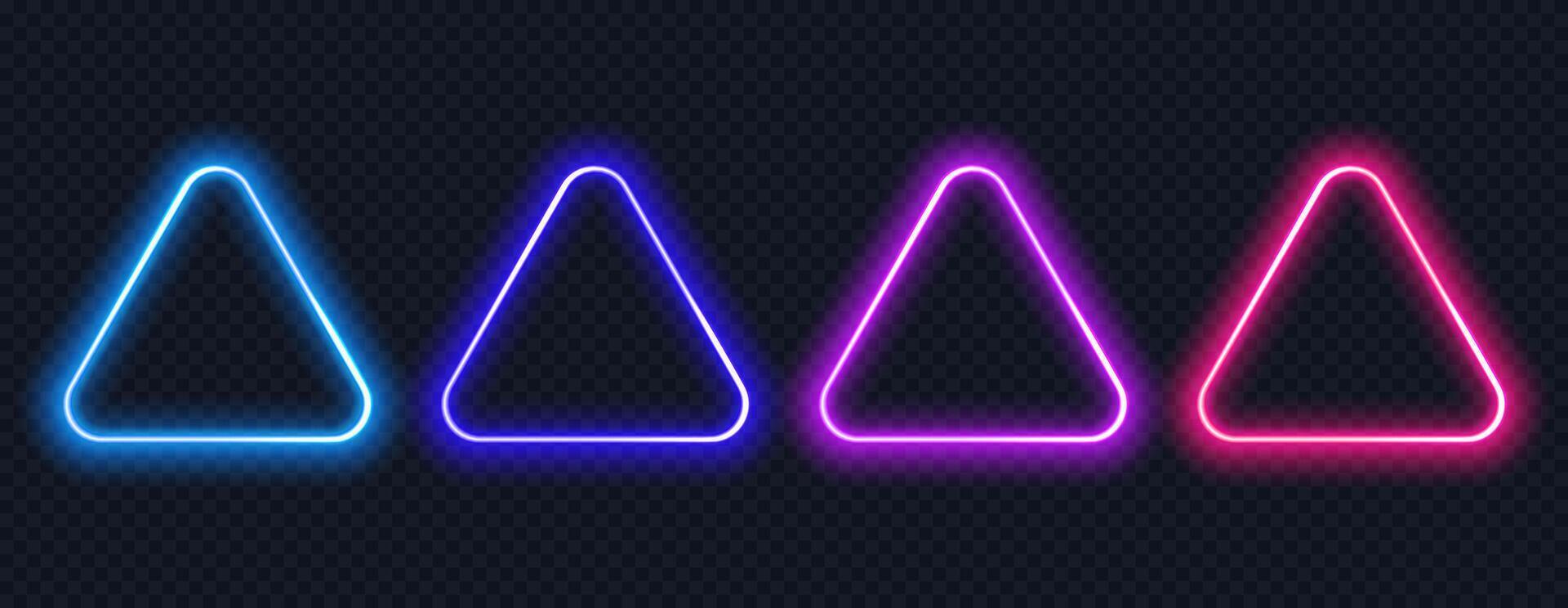Neon button triangle set. Glowing colorful border with copy space. Realistic neon frame isolated vector