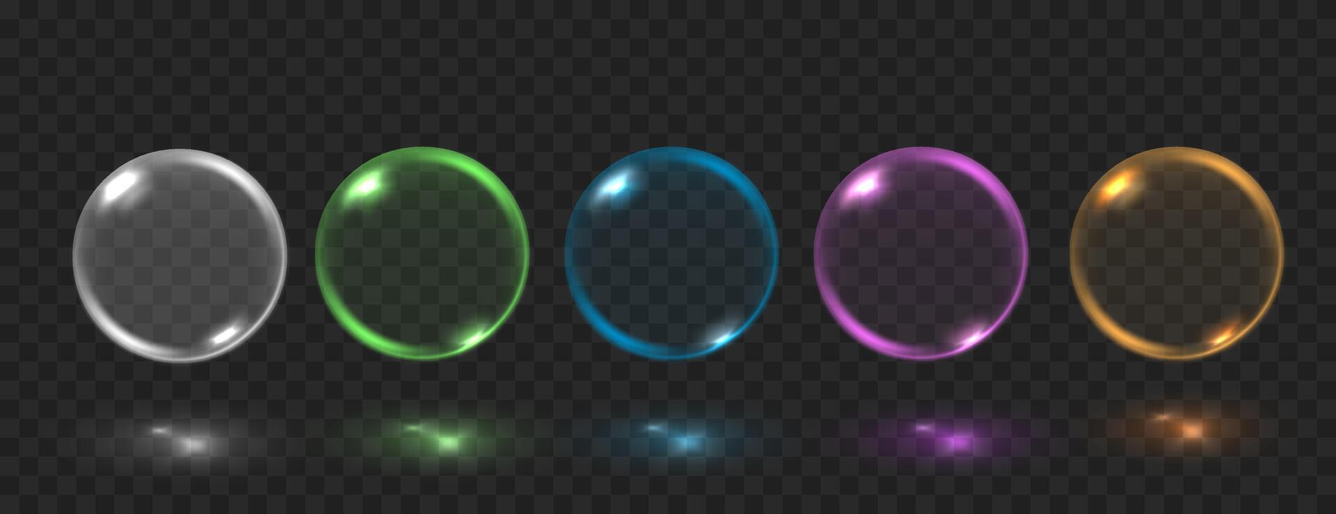 Realistic glass bubbles with reflections isolated on dark background.. Colorful crystal soap spheres. 3d vector set.