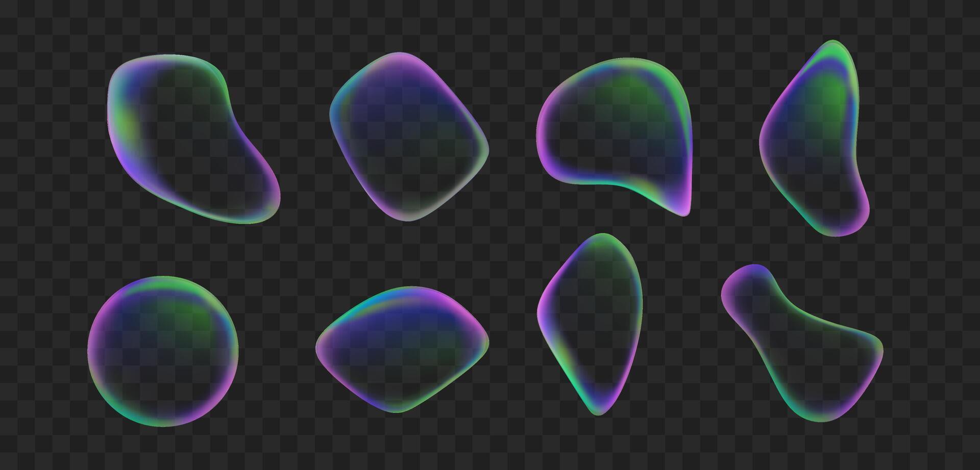 liquid iridescent transparent abstract sphere set isolated on black background. Gradient colorful round shapes of fluid splash rainbow bubble collection. vector
