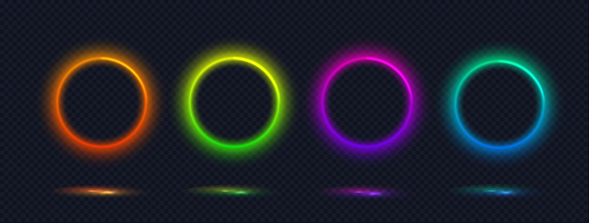 Neon gradient ring collection. Isolated abstract illuminate frame. Vibrant color circle border in futuristic style. Glowing neon lighting isolated on dark background. vector