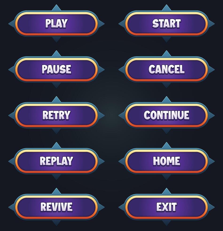 Game ui set of purple buttons with editable text effect gui to build 2d games game buttons kit vector