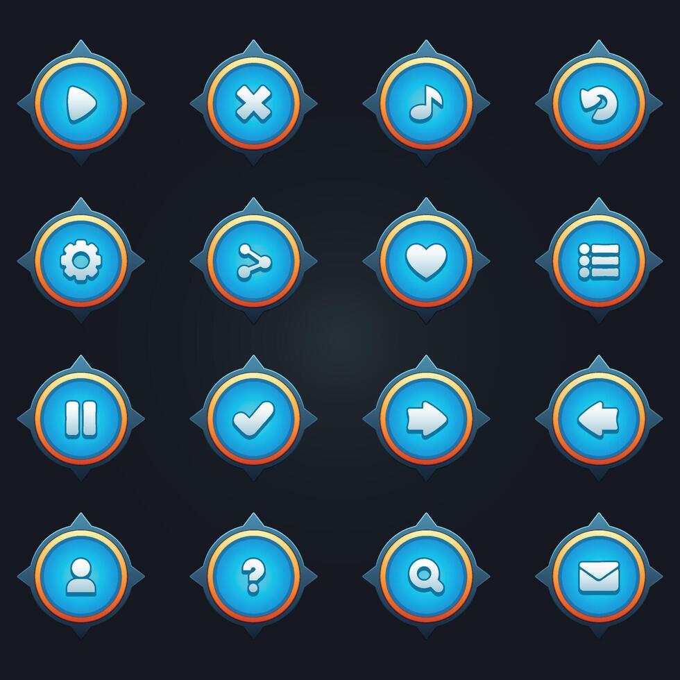 Game ui set of blue buttons in cartoon style gui to build 2d games cartoon casual buttons kit vector