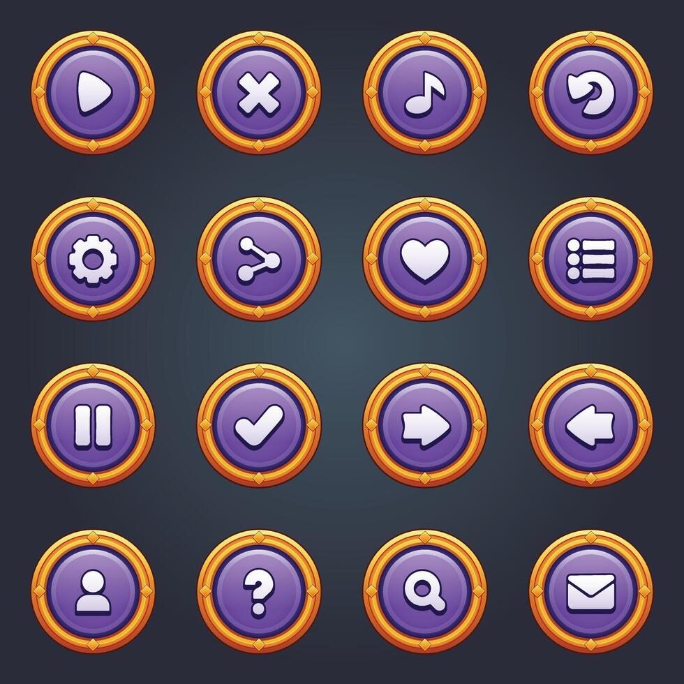 Game ui set of purple buttons in cartoon style gui to build 2d games cartoon casual buttons kit vector