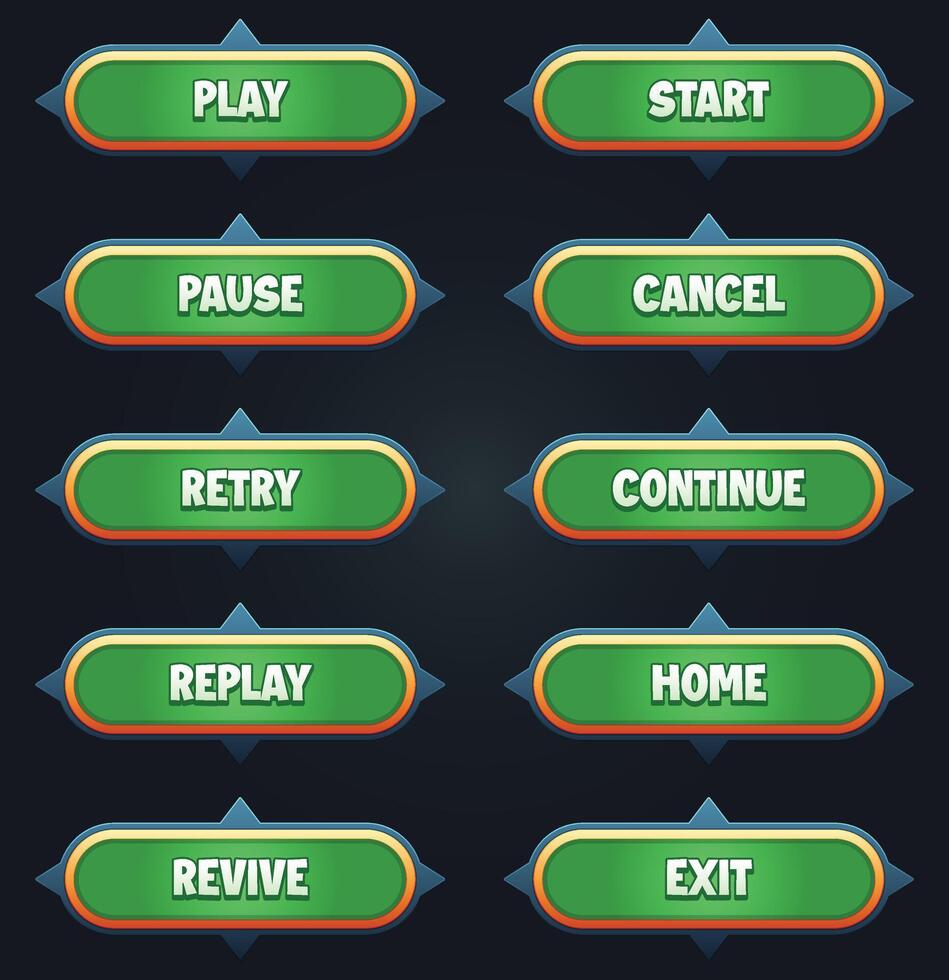 Game ui set of green buttons with editable text effect gui to build 2d games game buttons kit vector