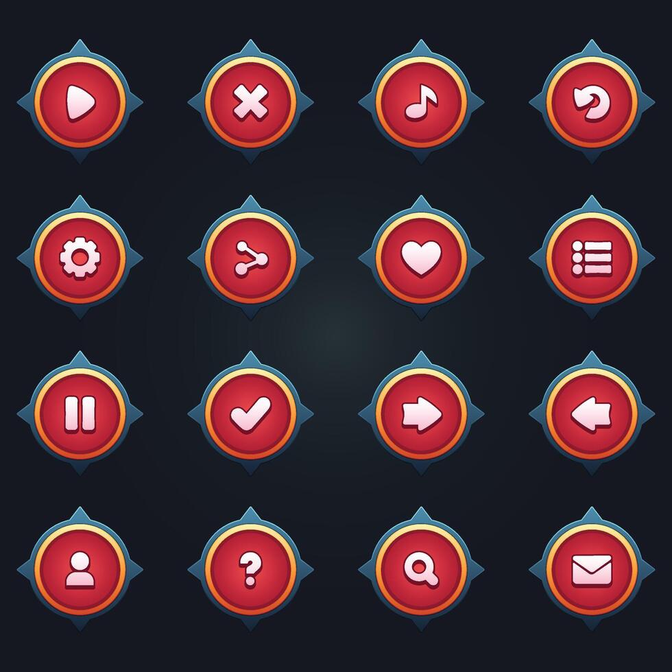 Game ui set of red buttons in cartoon style gui to build 2d games cartoon casual buttons kit vector