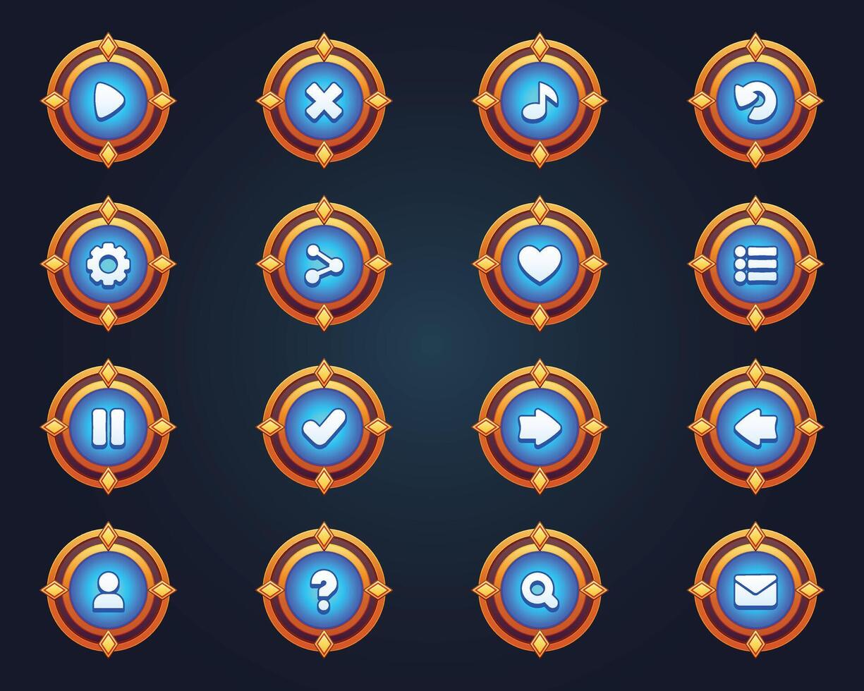conjunto de azul botones para móvil juegos juego interfaz dibujos animados ui botones conjunto juego ui botones equipo vector