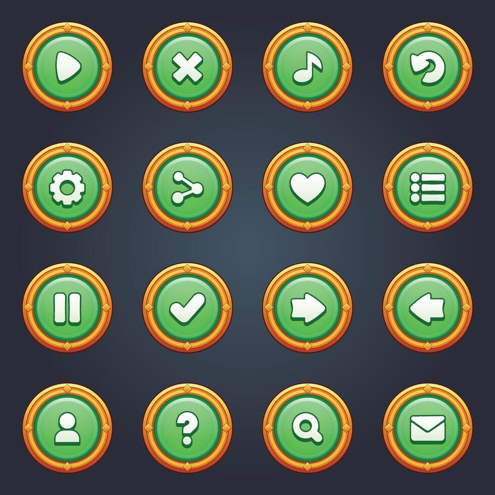 Game ui set of green buttons in cartoon style gui to build 2d games cartoon casual buttons kit vector