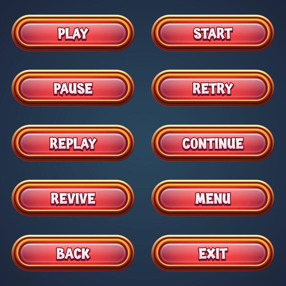Set of red game buttons for mobile games with editable text effect gui to build 2d games vector