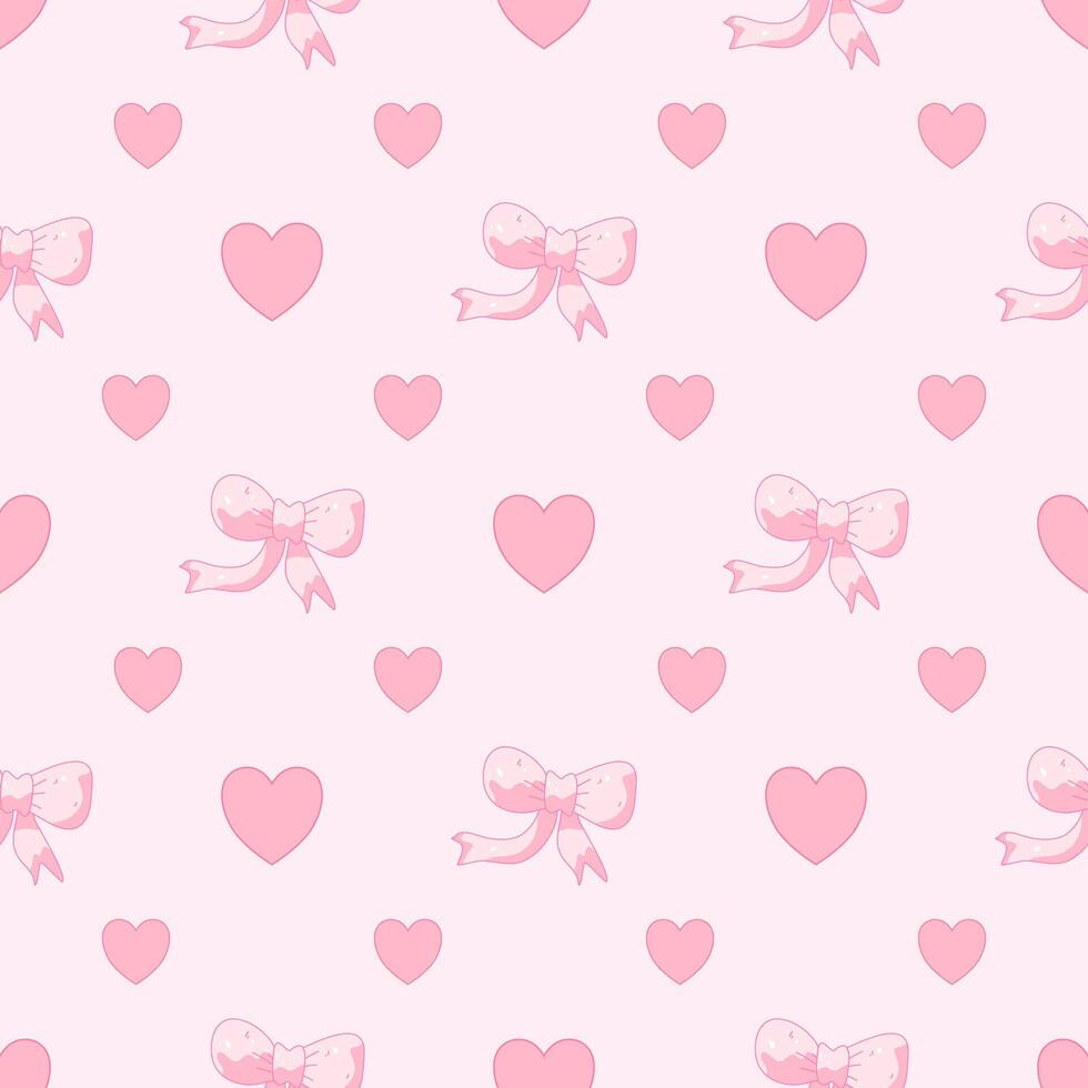 Cute bow, seamless pattern with pastel pink hearts on pastel background. vector