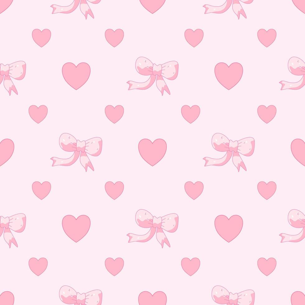 Cute bow, seamless pattern with pastel pink hearts on pastel background. vector