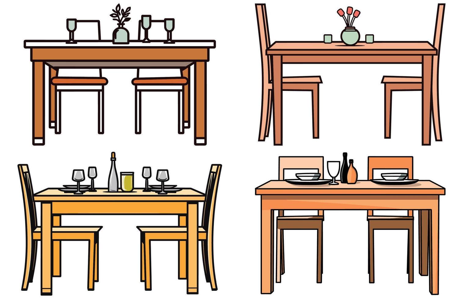 Dining Table and chairs Vector set, Tables with chairs for dining illustration set