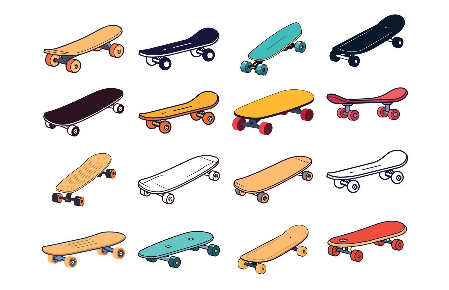 Skateboard Icon color vector set, skateboard sport illustration