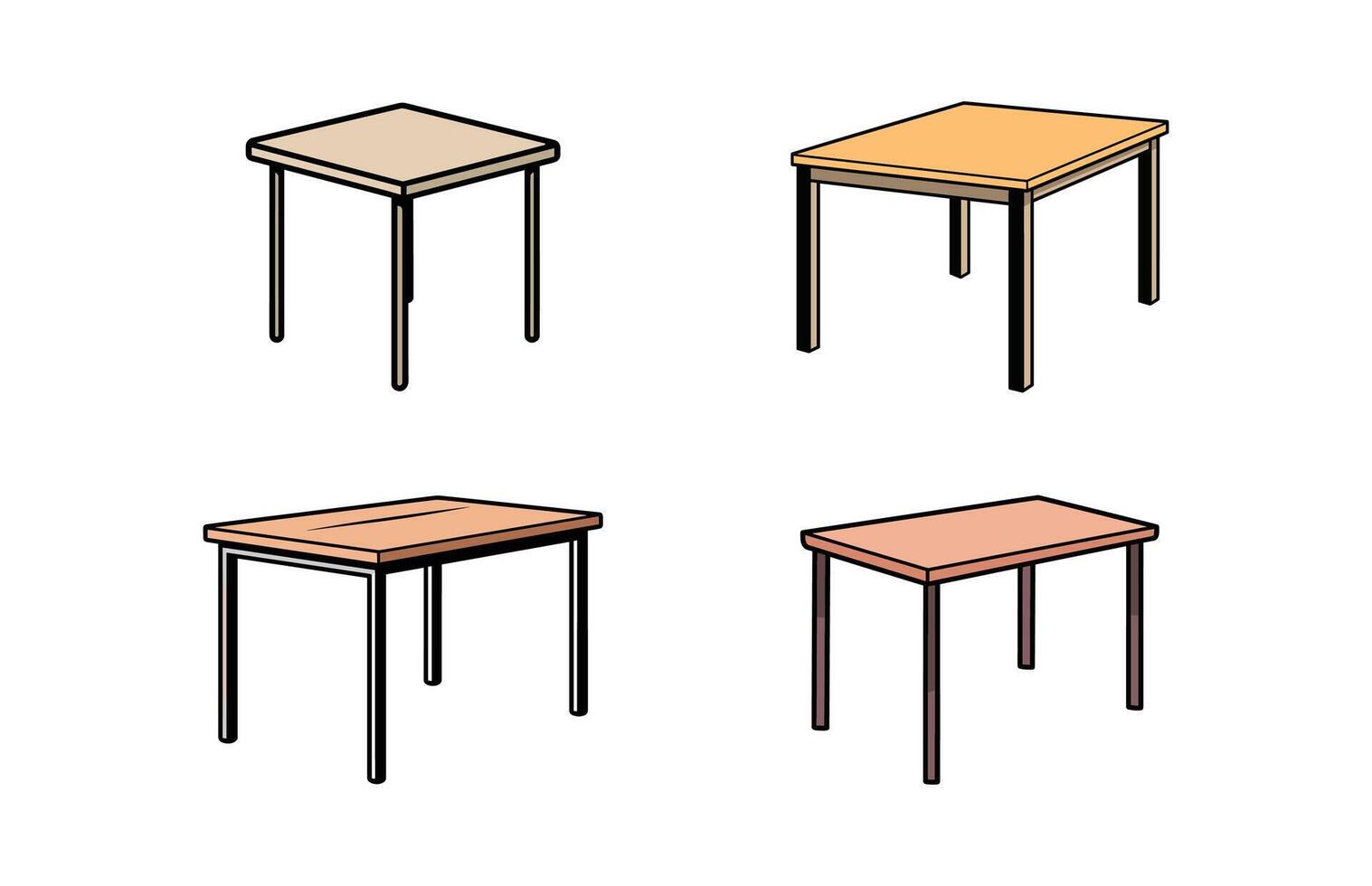 Wooden table isolated illustration set, table wooden home modern decoration furniture vector set